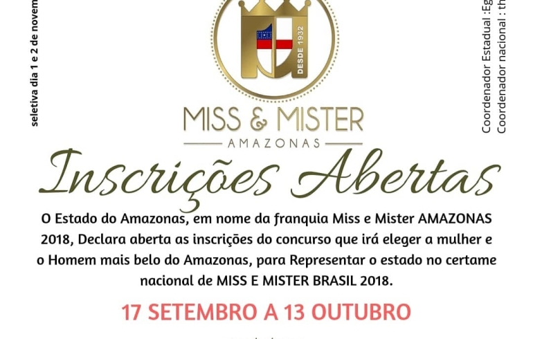 noticia Miss e Mister Amazonas 2018 acontecerá dias 1 e 2 de novembro e as inscrições já estão abertas