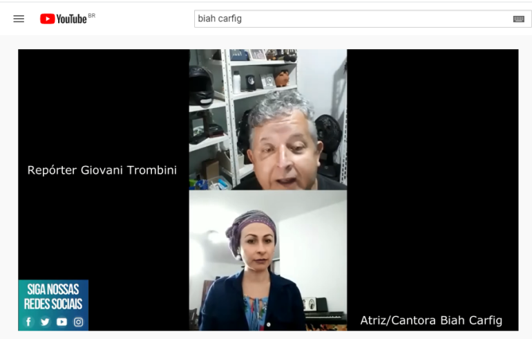 noticia Atriz e cantora Biah Carfig sede entrevista ao repórter Giovani Trombini